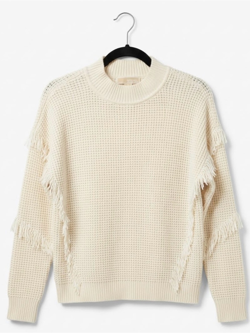 Michael Kors Cream Waffle-Knit Fringe Crew Sweater - size large - fall wardrobe